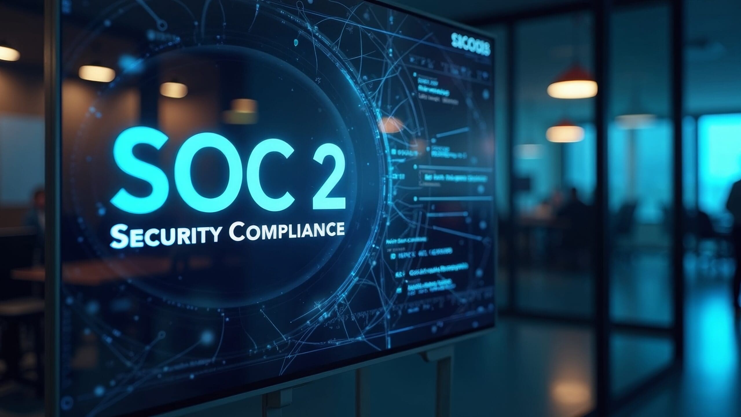 Digital Screen Showcasing SOC 2 Security Compliance in Modern Office Environment